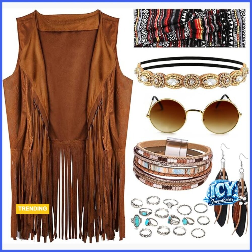 Fringe Vest Hippie Costume Set with Sunglasses Earrings Bracelet Rings Headbands